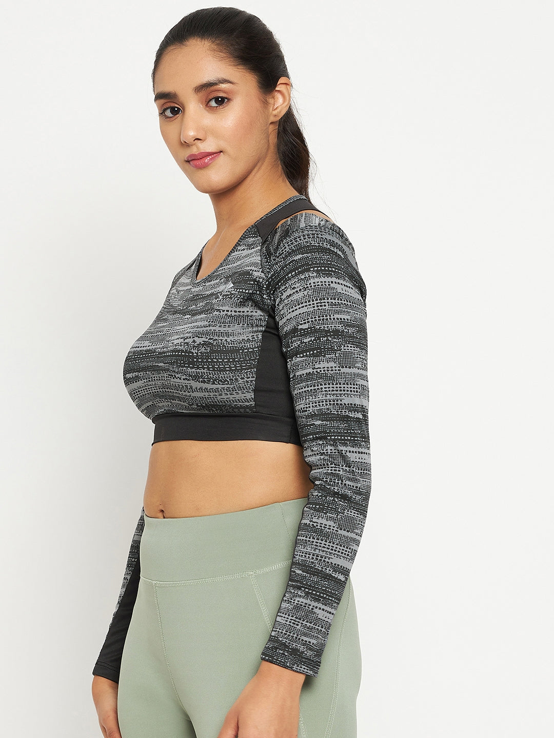 - Women’s Grey Crop Top – Long Sleeve, Stretchable, Gym Wear