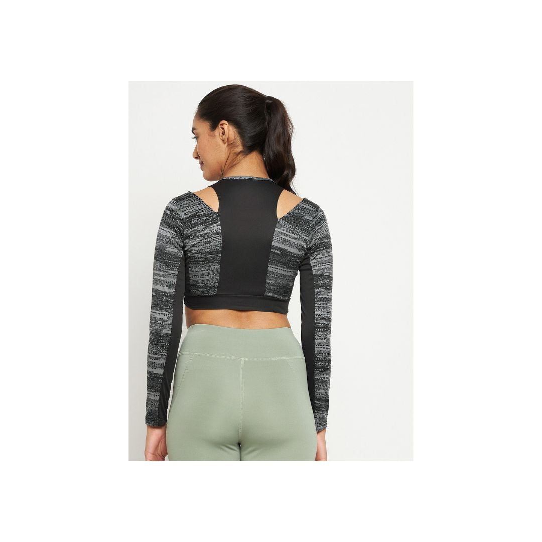 - Women’s Grey Crop Top – Long Sleeve, Stretchable, Gym Wear