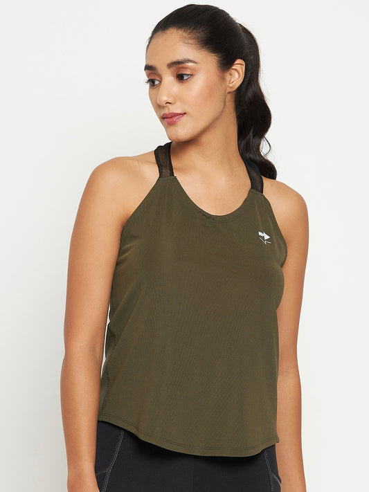 Women’s Halter Neck Sleeveless Top – Olive Green, Open Back Design