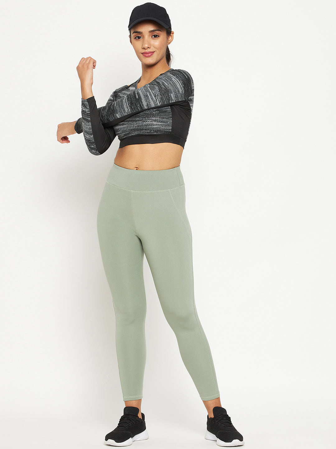 - Women’s Grey Crop Top – Long Sleeve, Stretchable, Gym Wear
