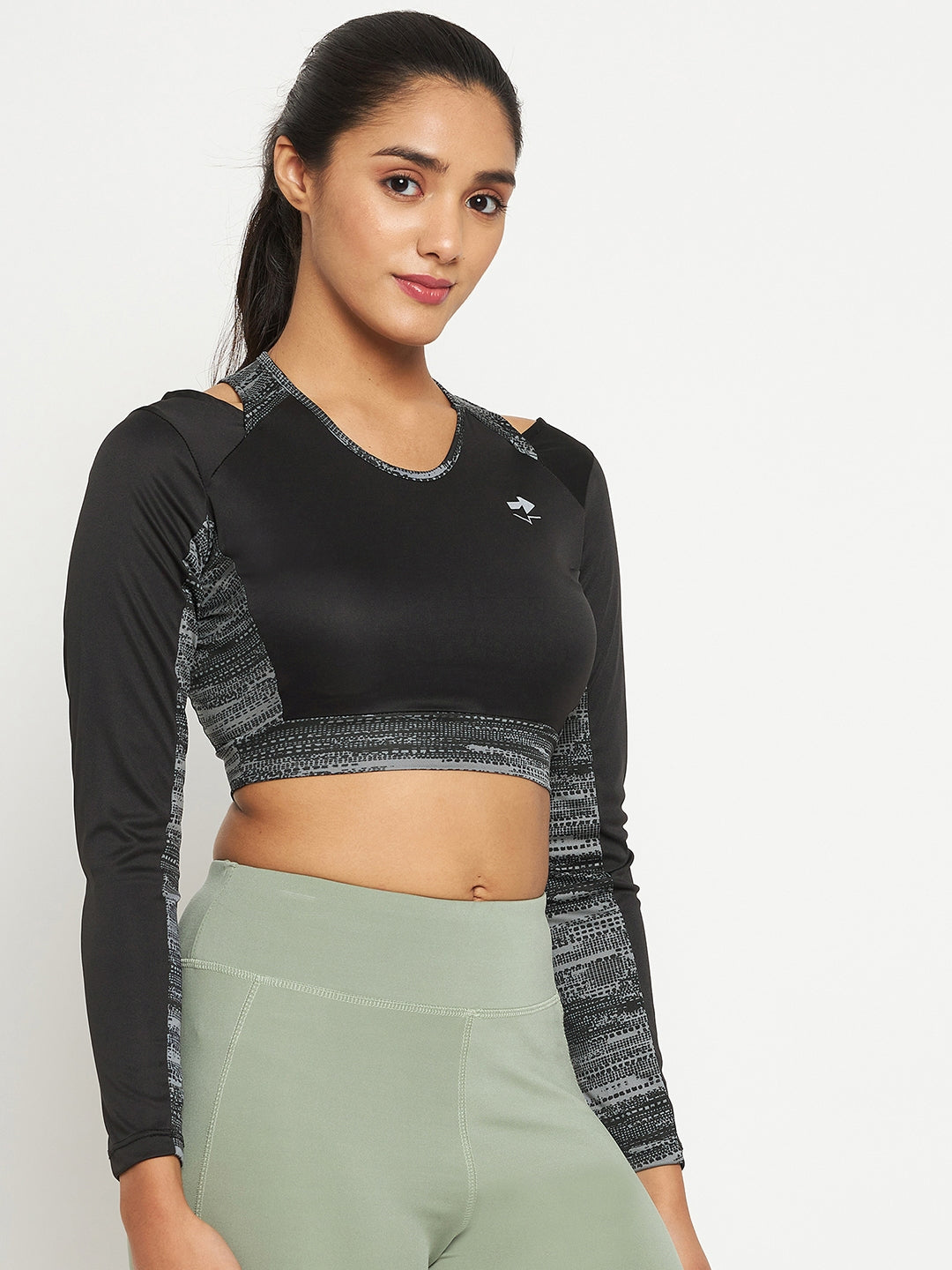 Women’s Black Crop Top – Long Sleeve, Stretchable, Gym Wear